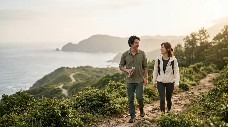 해안 산길을 나란히 걸으며 이야기하고 웃는 두 사람
